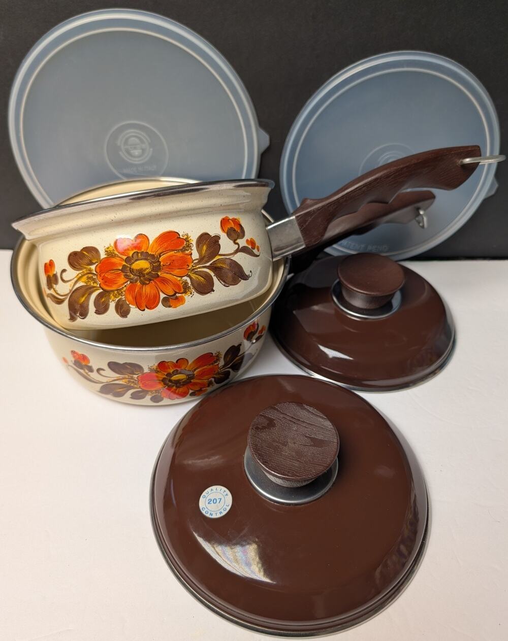 Vtg 70s Moneta Enamelware Pot Pan Set w/Lids 2 Cream Orange Brown Floral 6pc NEW